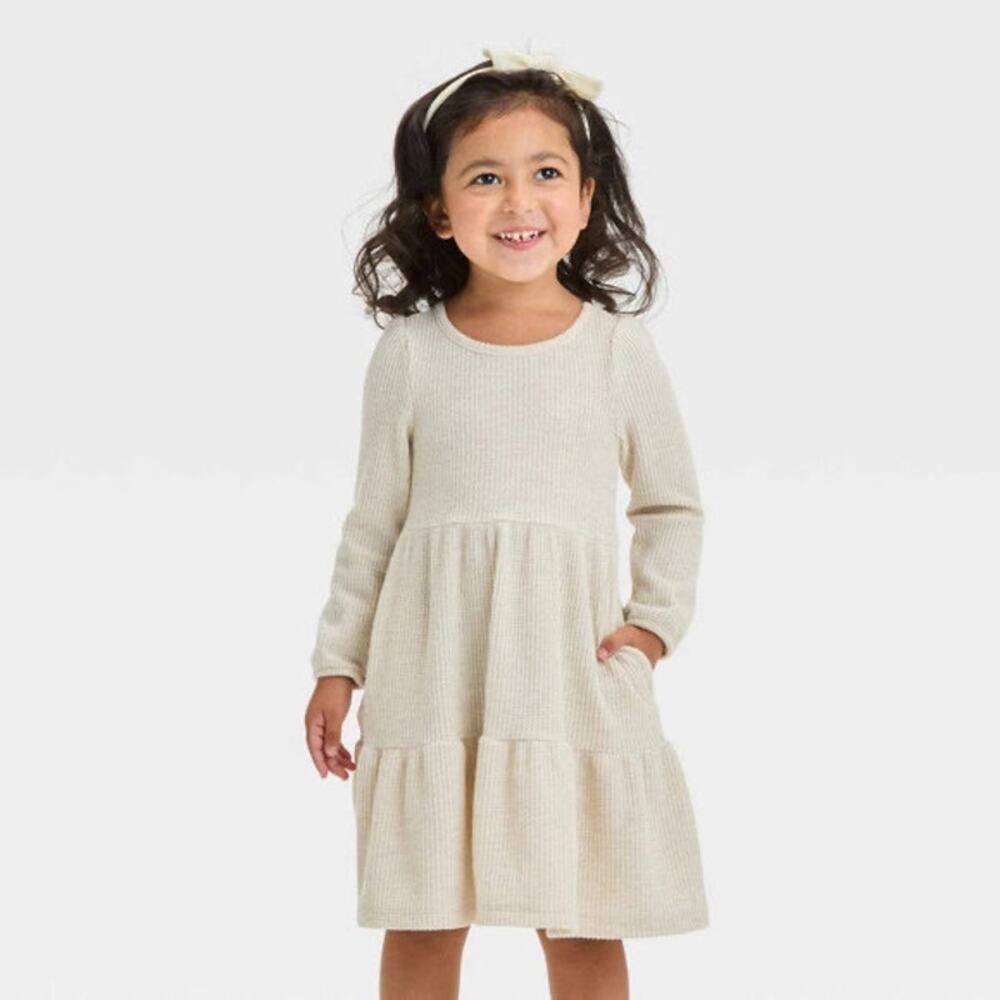 Girl’s Light Beige Waffle Knit Long Sleeve Dress Size 3-4 Years